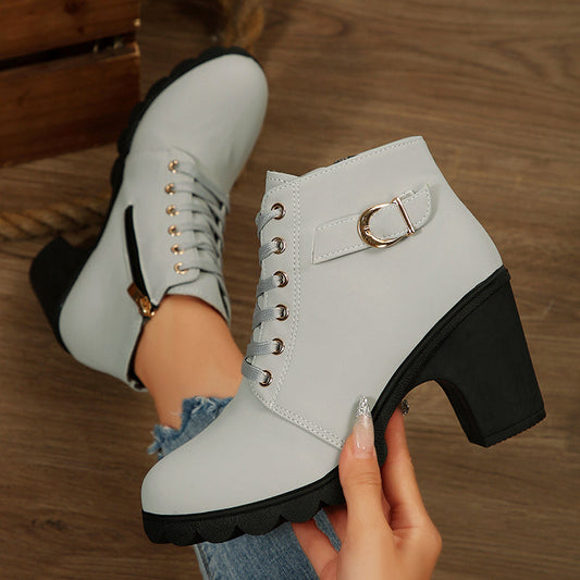 Women’s Lace-Up Boots with Chunky Heel and Zipper Closure